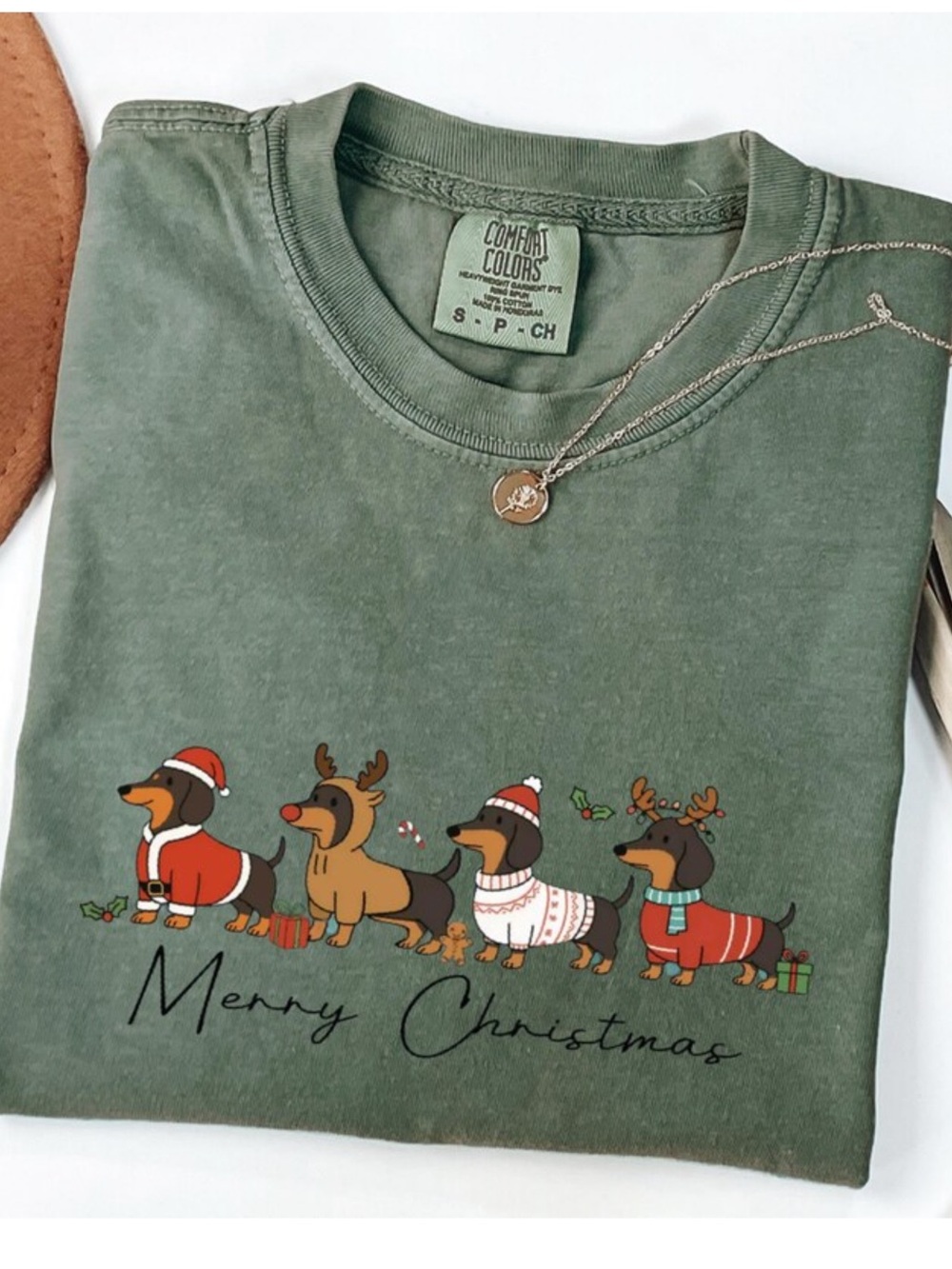 Comfort Colors Moss Green 'Merry Christmas' Dachshund Graphic Tee